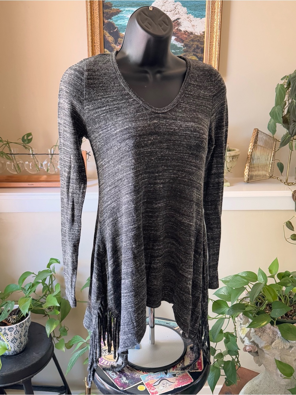 Karen Kane Charcoal V-Neck Fringe Hem Tunic